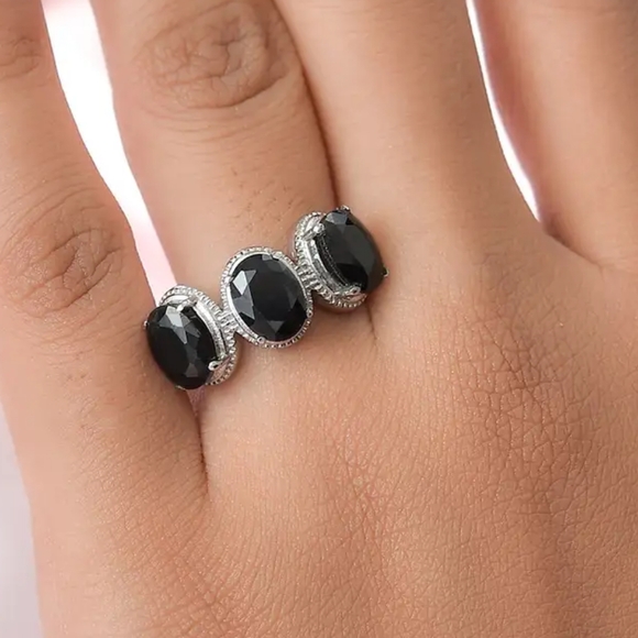 Midnight Sapphire 3 Stone Ring in Stainless Steel 5.20 ctw - Picture 2 of 6